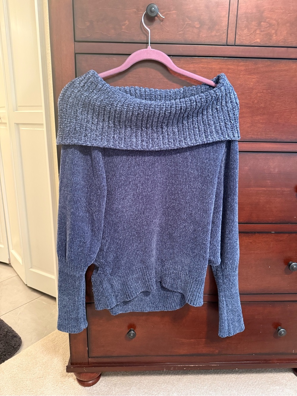 White House Black Market Off-Shoulder Chenille Sweater - Blue Gray